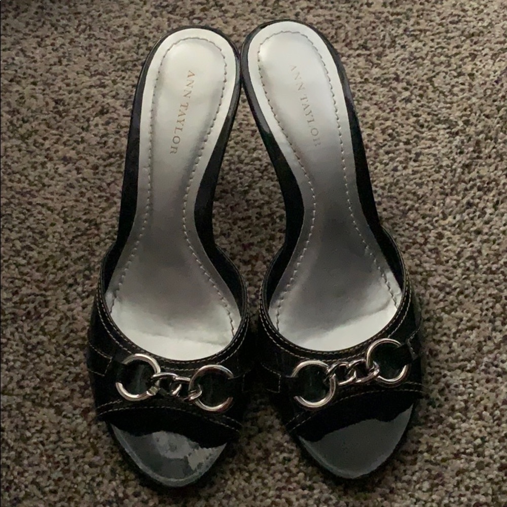 Ann Taylor Navy Patent heels with silver buckle